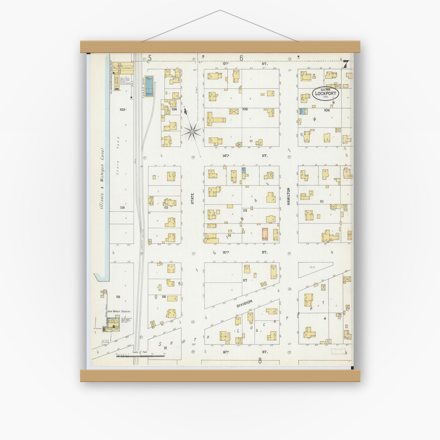 Old map wall art mockup — magnetic wood frame on white wall — Sanborn Fire Insurance Map from Lockport, Will County, Illinois (1902), Sheet #0007