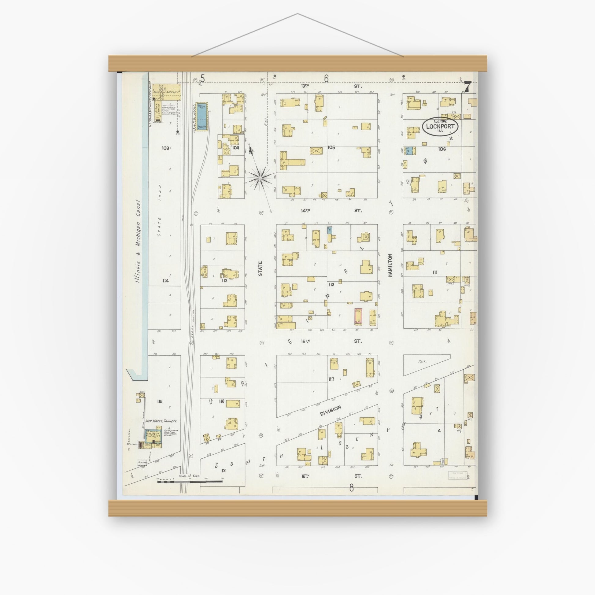 Old map wall art mockup — magnetic wood frame on white wall — Sanborn Fire Insurance Map from Lockport, Will County, Illinois (1902), Sheet #0007