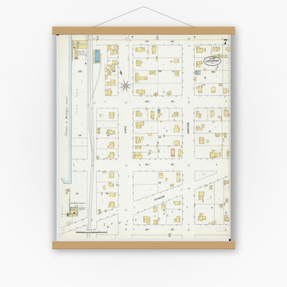 Old map wall art mockup — magnetic wood frame on white wall — Sanborn Fire Insurance Map from Lockport, Will County, Illinois (1902), Sheet #0007