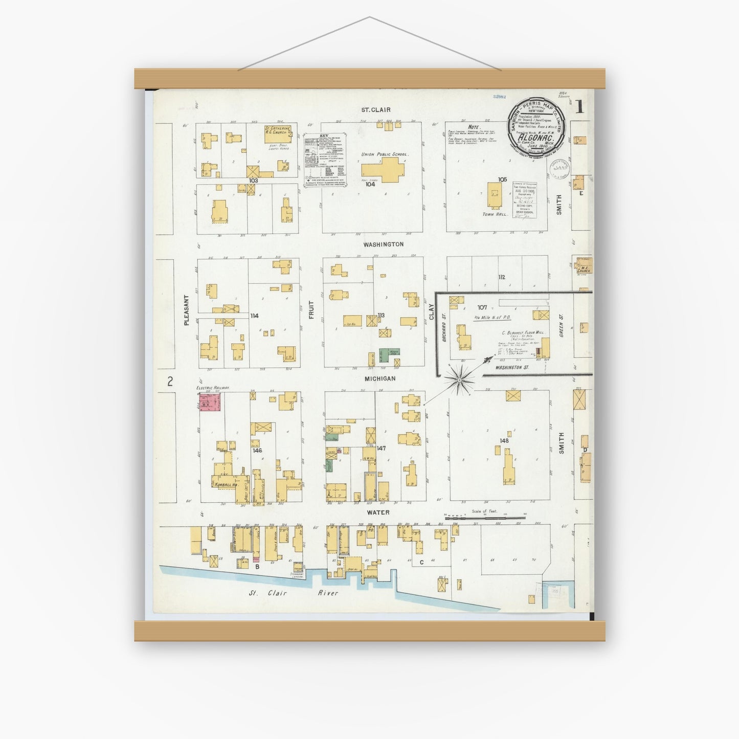 Old map wall art mockup — magnetic wood frame on white wall — Sanborn Fire Insurance Map from Algonac, Saint Clair County, Michigan (1900) - Complete Map Set
