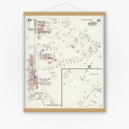 Old map wall art mockup — magnetic wood frame on white wall — Sanborn Fire Insurance Map from Burlington, Alamance County, North Carolina (1924), Sheet #0019