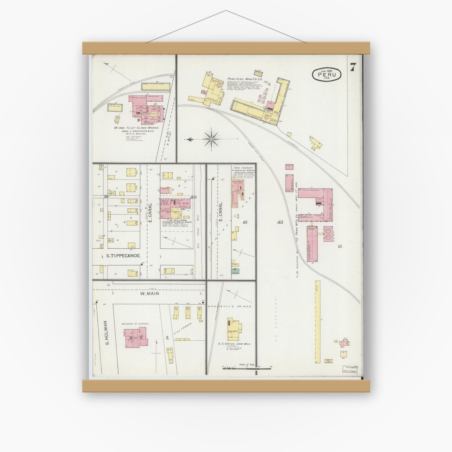 Old map wall art mockup — magnetic wood frame on white wall — Sanborn Fire Insurance Map from Peru, Miami County, Indiana (1893), Sheet #0007