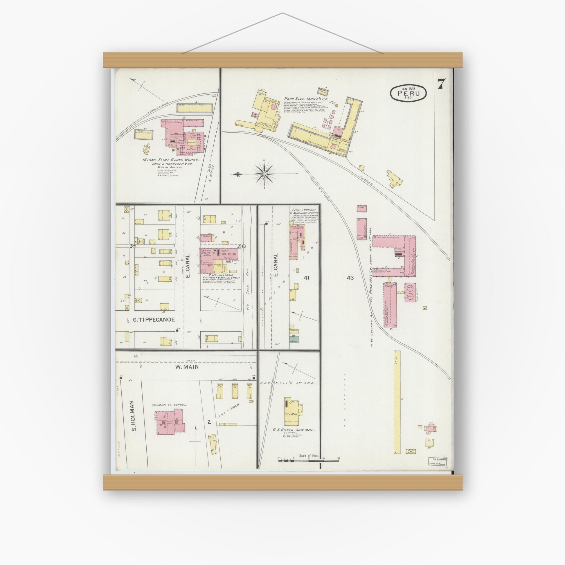 Old map wall art mockup — magnetic wood frame on white wall — Sanborn Fire Insurance Map from Peru, Miami County, Indiana (1893), Sheet #0007