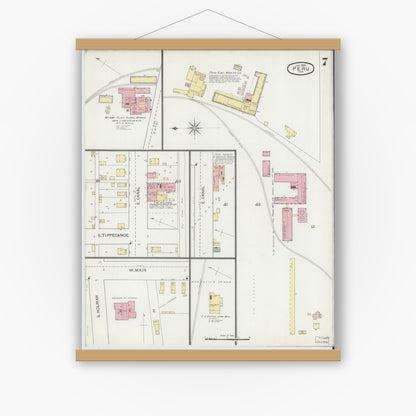 Old map wall art mockup — magnetic wood frame on white wall — Sanborn Fire Insurance Map from Peru, Miami County, Indiana (1893), Sheet #0007
