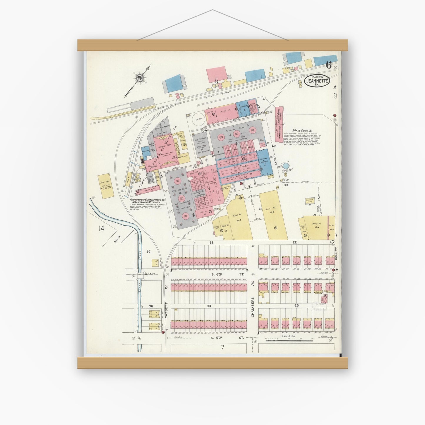 Old map wall art mockup — magnetic wood frame on white wall — Sanborn Fire Insurance Map from Jeannette, Westmoreland County, Pennsylvania (1916), Sheet #0006