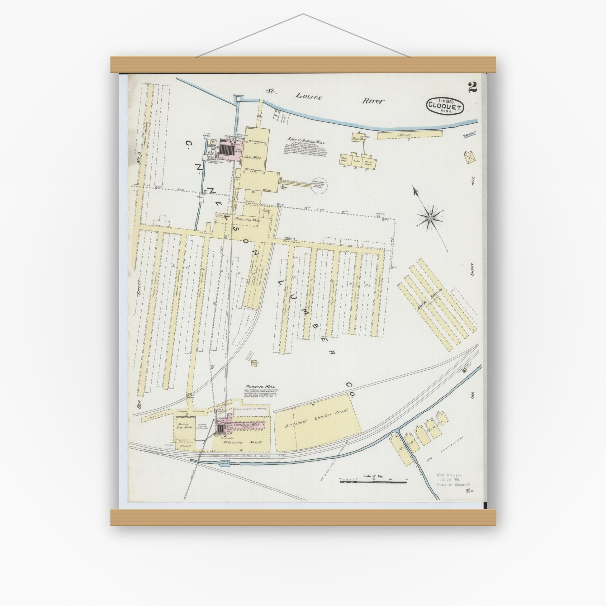 Old map wall art mockup — magnetic wood frame on white wall — Sanborn Fire Insurance Map from Cloquet, Carlton County, Minnesota (1888), Sheet #0002