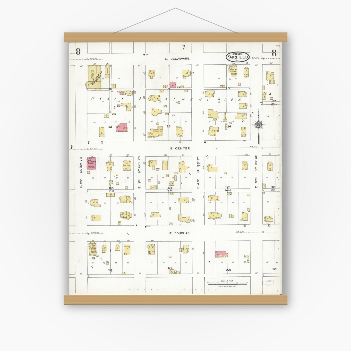Old map wall art mockup — magnetic wood frame on white wall — Sanborn Fire Insurance Map from Fairfield, Wayne County, Illinois (1923), Sheet #0008