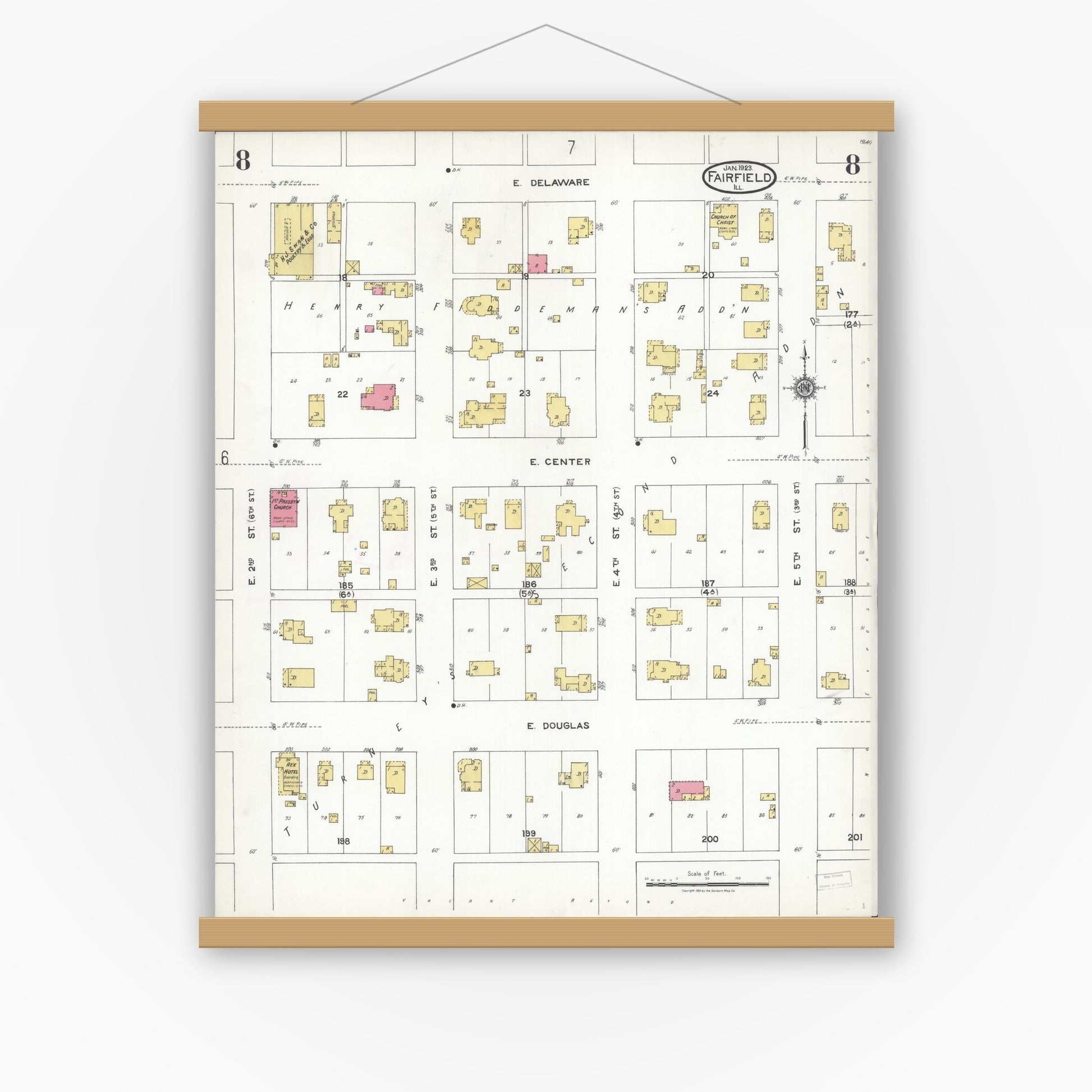 Old map wall art mockup — magnetic wood frame on white wall — Sanborn Fire Insurance Map from Fairfield, Wayne County, Illinois (1923), Sheet #0008