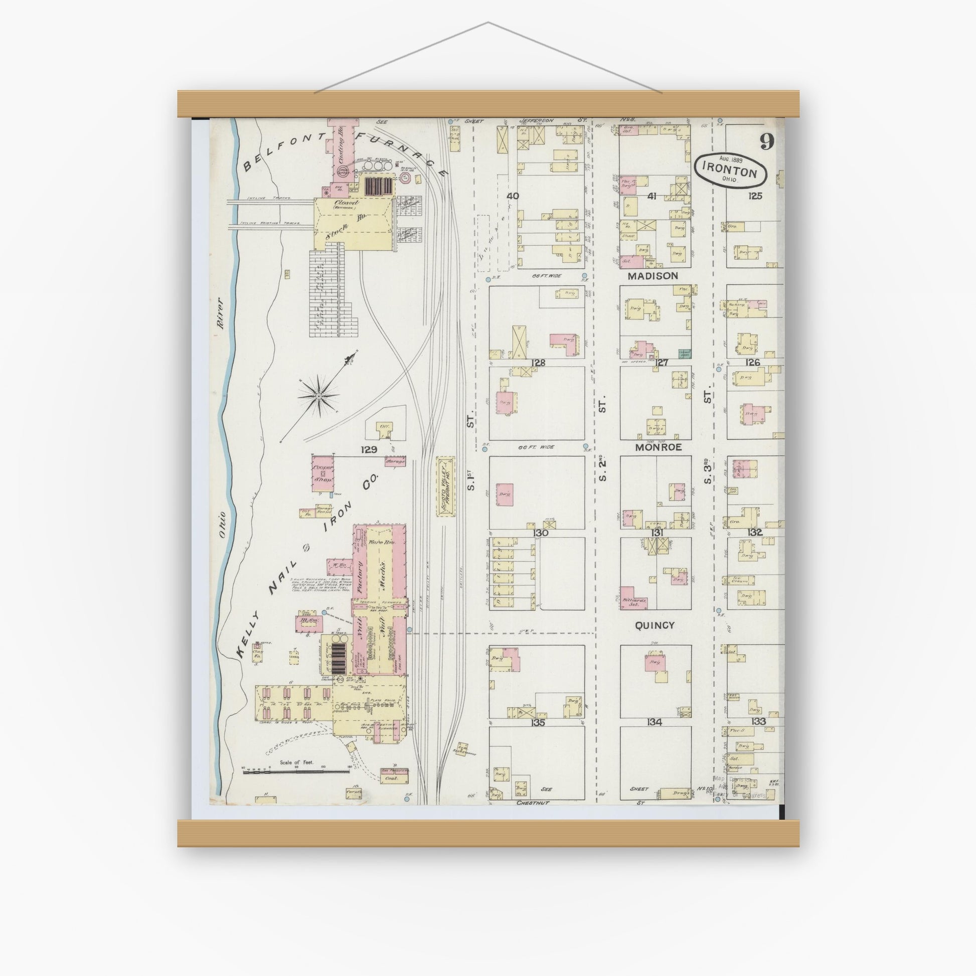 Old map wall art mockup — magnetic wood frame on white wall — Sanborn Fire Insurance Map from Ironton, Lawrence County, Ohio (1889), Sheet #0009