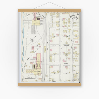 Old map wall art mockup — magnetic wood frame on white wall — Sanborn Fire Insurance Map from Ironton, Lawrence County, Ohio (1889), Sheet #0009