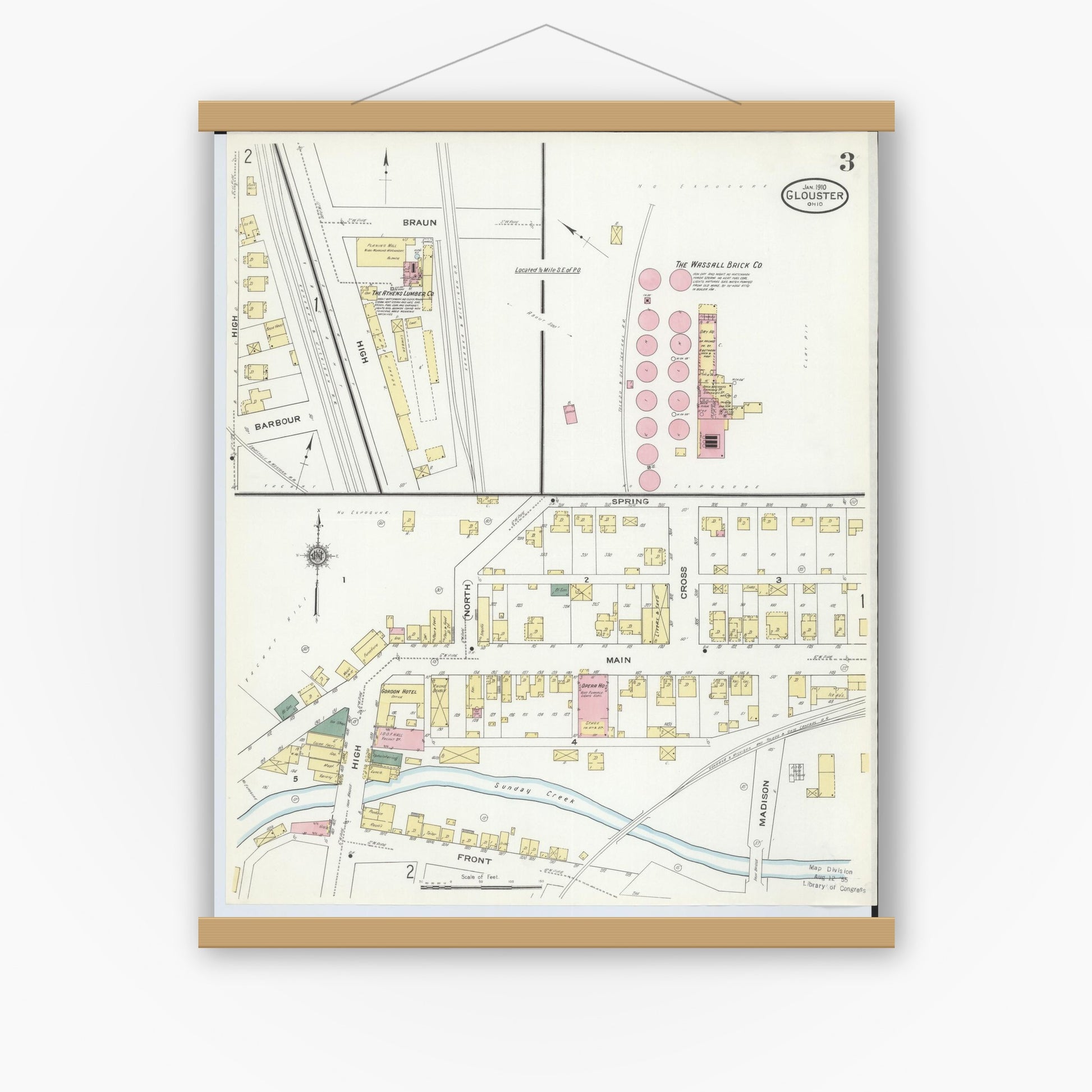 Old map wall art mockup — magnetic wood frame on white wall — Sanborn Fire Insurance Map from Glouster, Athens County, Ohio (1910), Sheet #0003