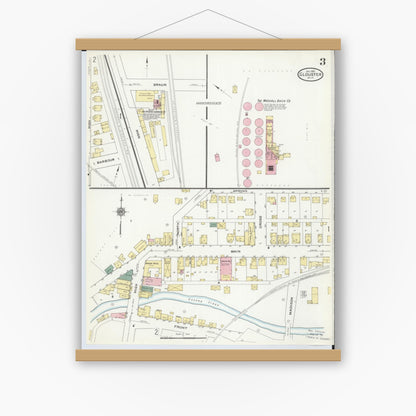 Old map wall art mockup — magnetic wood frame on white wall — Sanborn Fire Insurance Map from Glouster, Athens County, Ohio (1910), Sheet #0003