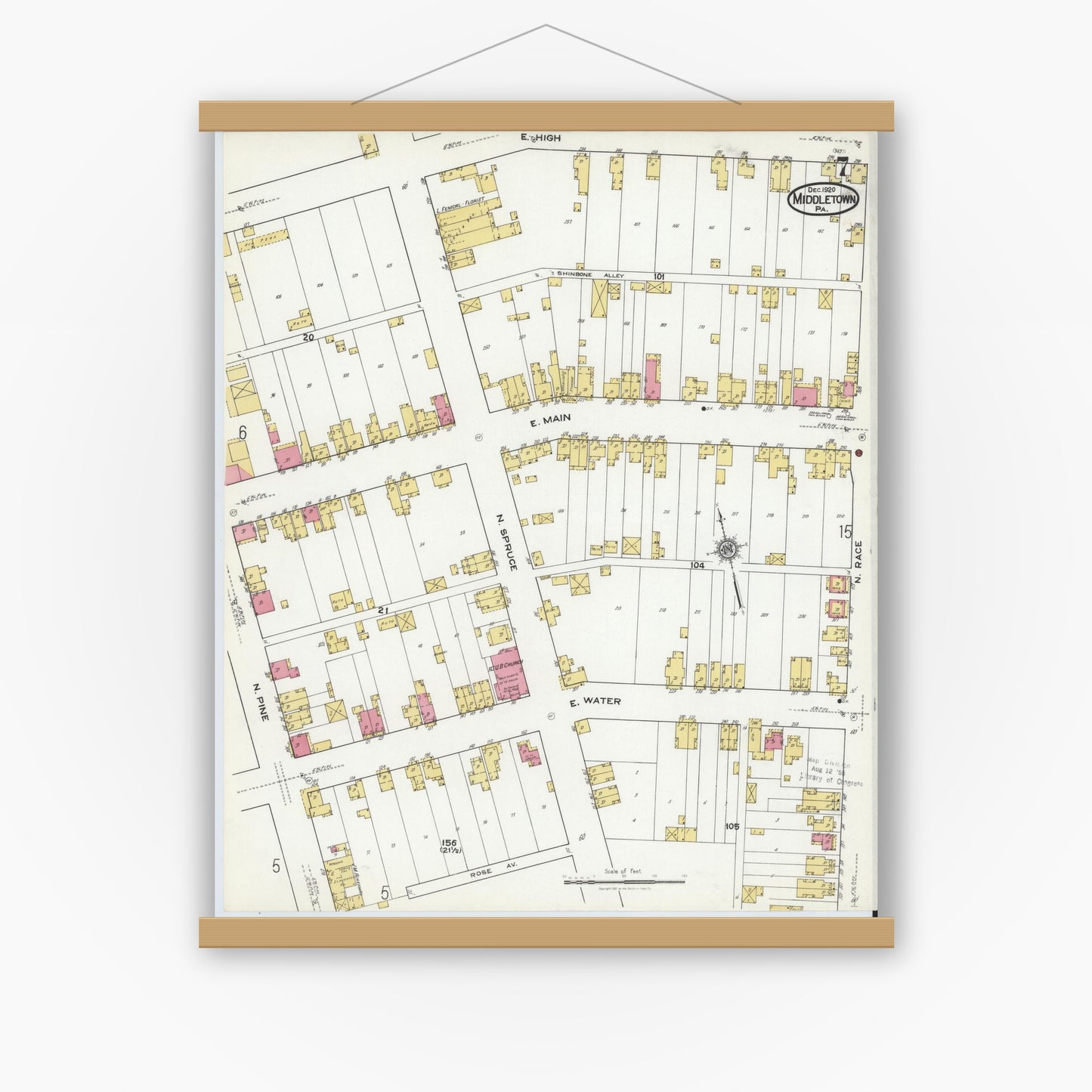 Old map wall art mockup — magnetic wood frame on white wall — Sanborn Fire Insurance Map from Middletown, Dauphin County, Pennsylvania (1920), Sheet #0007