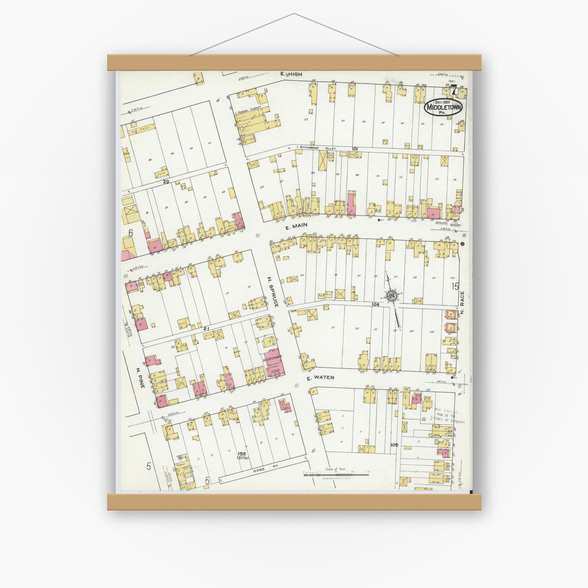 Old map wall art mockup — magnetic wood frame on white wall — Sanborn Fire Insurance Map from Middletown, Dauphin County, Pennsylvania (1920), Sheet #0007