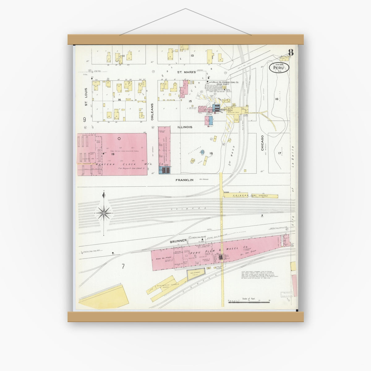 Old map wall art mockup — magnetic wood frame on white wall — Sanborn Fire Insurance Map from Peru, La Salle County, Illinois (1909), Sheet #0008
