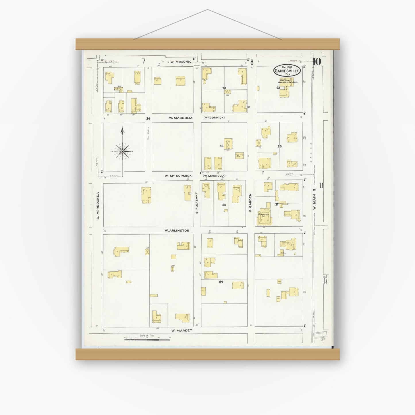 Old map wall art mockup — magnetic wood frame on white wall — Sanborn Fire Insurance Map from Gainesville, Alachua County, Florida (1909), Sheet #0010