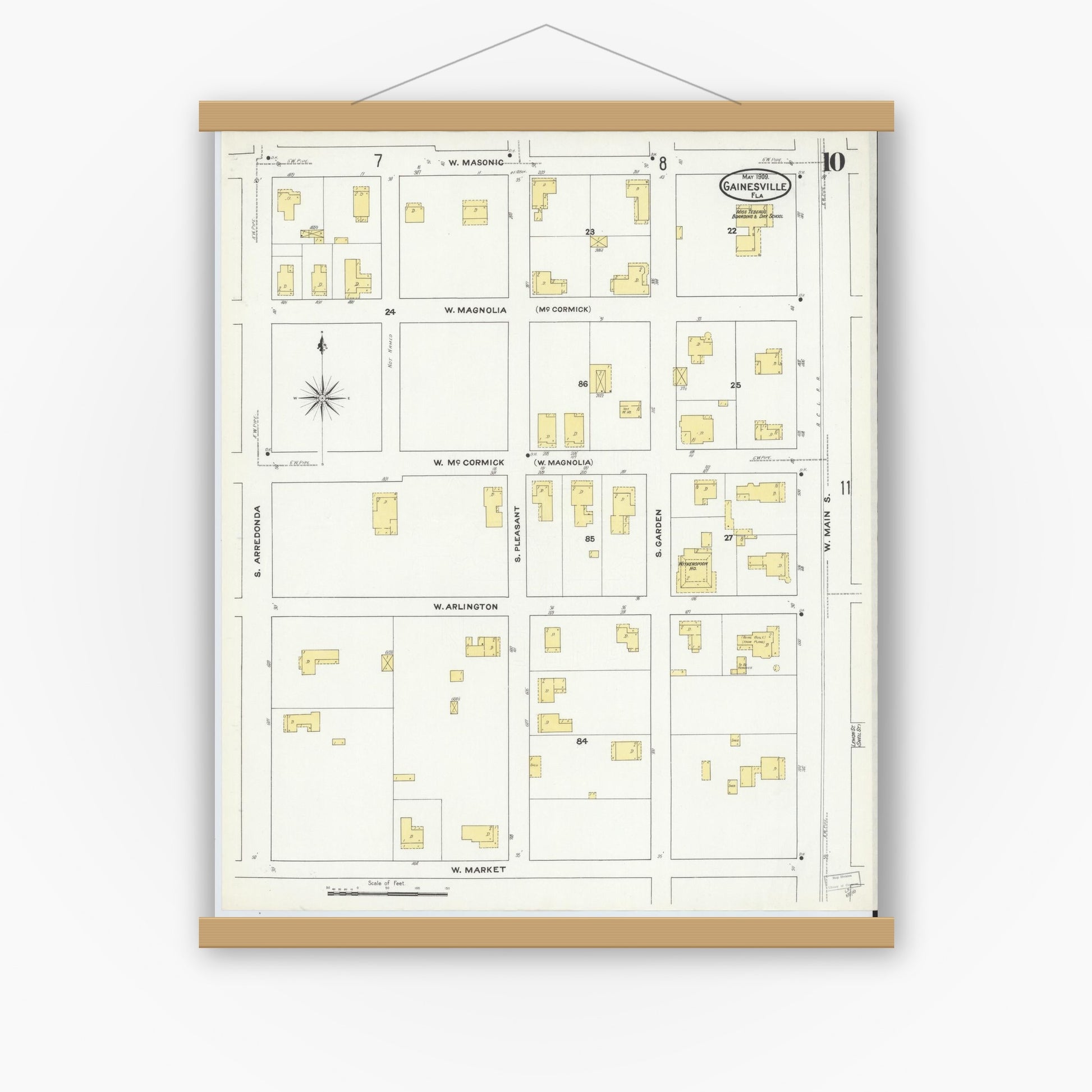 Old map wall art mockup — magnetic wood frame on white wall — Sanborn Fire Insurance Map from Gainesville, Alachua County, Florida (1909), Sheet #0010