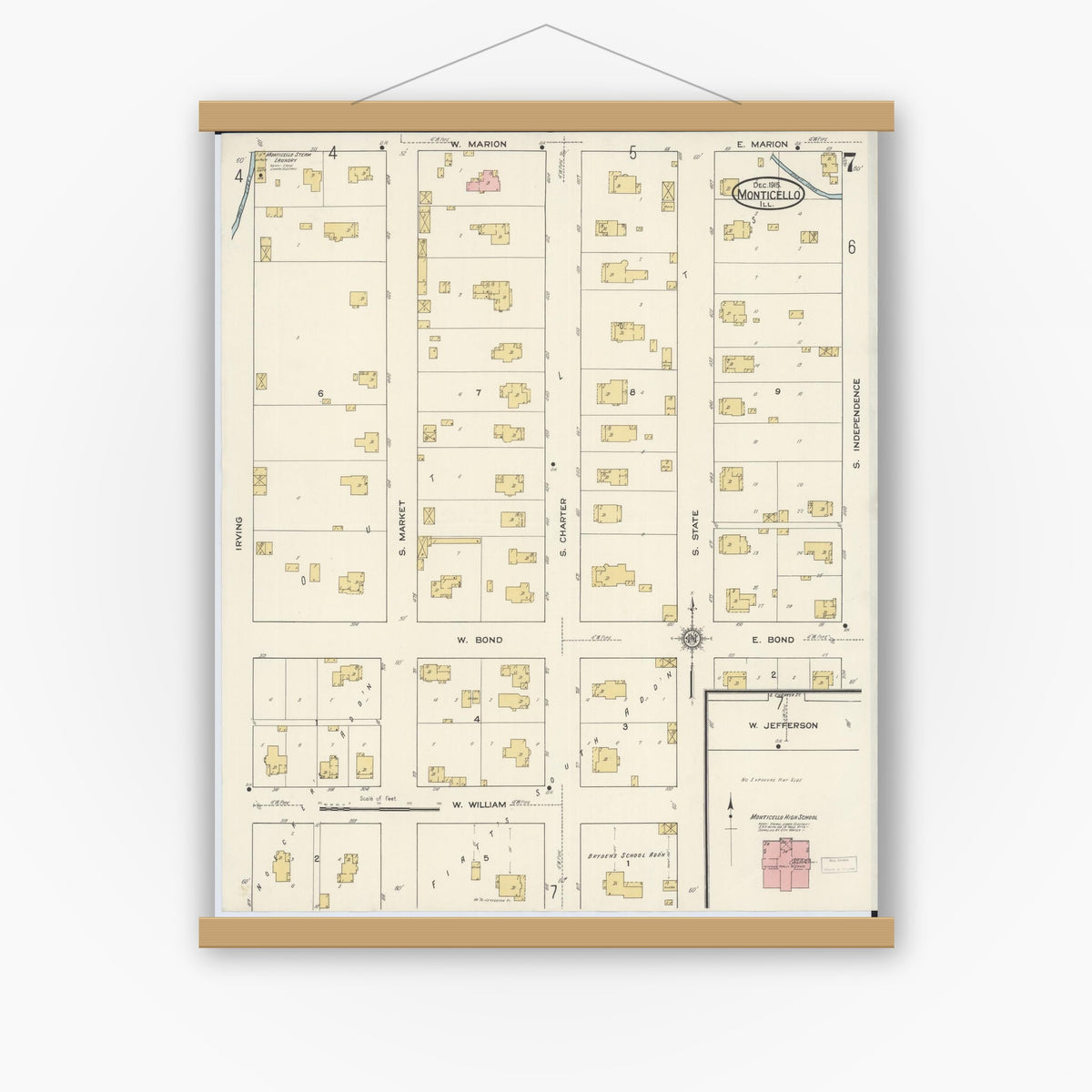 Old map wall art mockup — magnetic wood frame on white wall — Sanborn Fire Insurance Map from Monticello, Piatt County, Illinois (1915), Sheet #0007