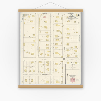 Old map wall art mockup — magnetic wood frame on white wall — Sanborn Fire Insurance Map from Monticello, Piatt County, Illinois (1915), Sheet #0007