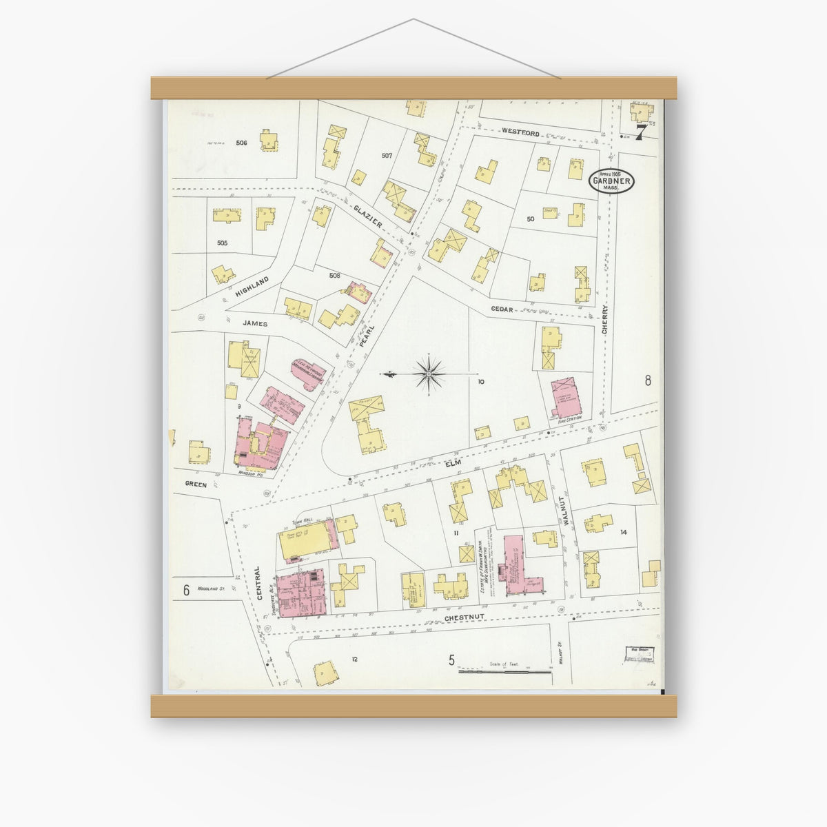 Old map wall art mockup — magnetic wood frame on white wall — Sanborn Fire Insurance Map from Gardner, Worcester County, Massachusetts (1905), Sheet #0007