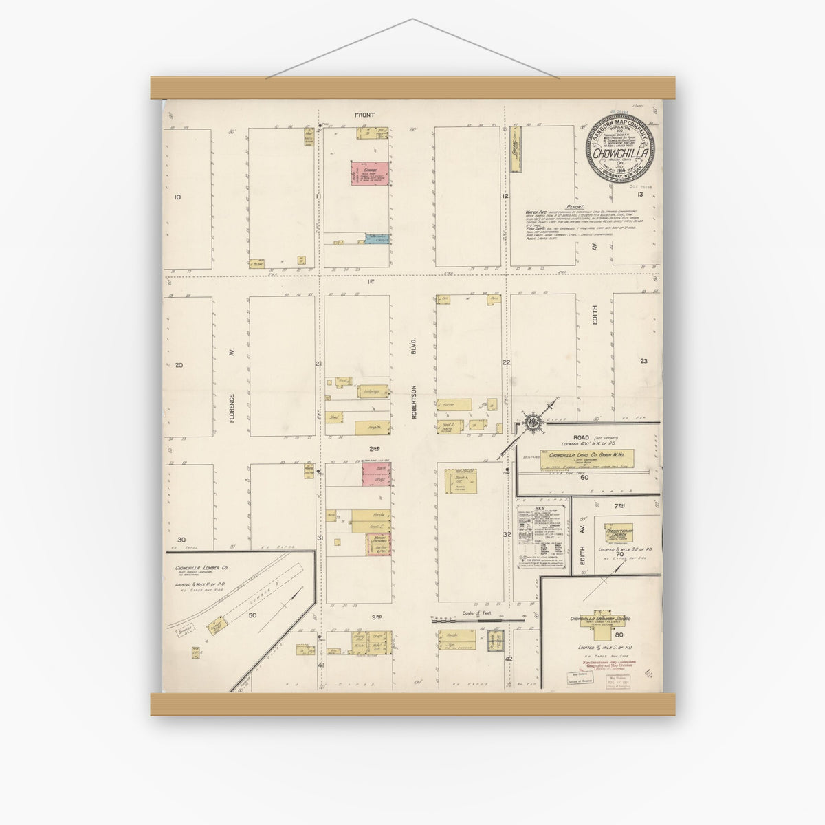 Old map wall art mockup — magnetic wood frame on white wall — Sanborn Fire Insurance Map from Chowchilla, Madera County, California (1914), Sheet #0001