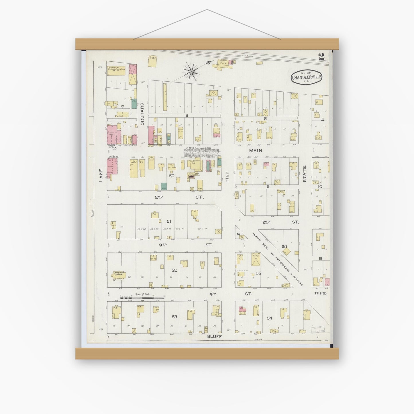 Old map wall art mockup — magnetic wood frame on white wall — Sanborn Fire Insurance Map from Chandlerville, Cass County, Illinois (1894), Sheet #0002