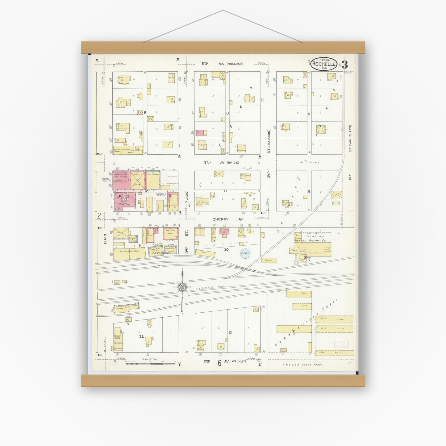 Old map wall art mockup — magnetic wood frame on white wall — Sanborn Fire Insurance Map from Rochelle, Ogle County, Illinois (1912), Sheet #0003