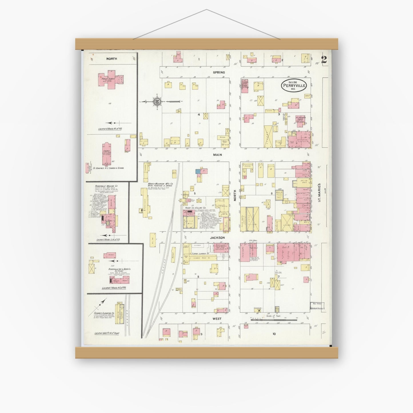 Old map wall art mockup — magnetic wood frame on white wall — Sanborn Fire Insurance Map from Perryville, Perry County, Missouri (1911), Sheet #0002