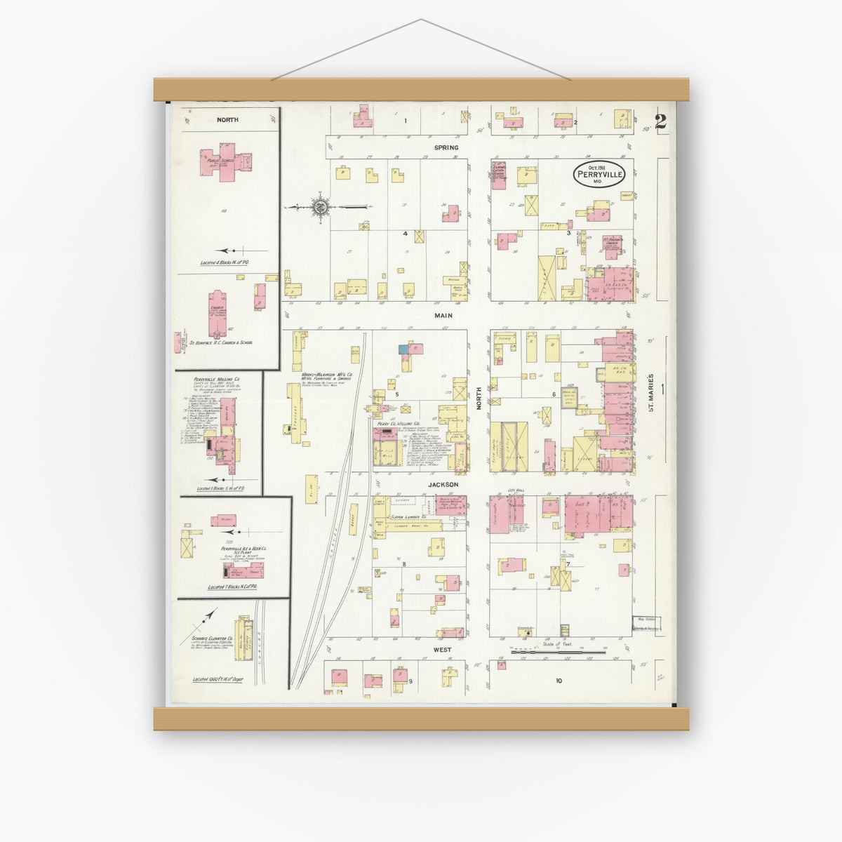 Old map wall art mockup — magnetic wood frame on white wall — Sanborn Fire Insurance Map from Perryville, Perry County, Missouri (1911), Sheet #0002