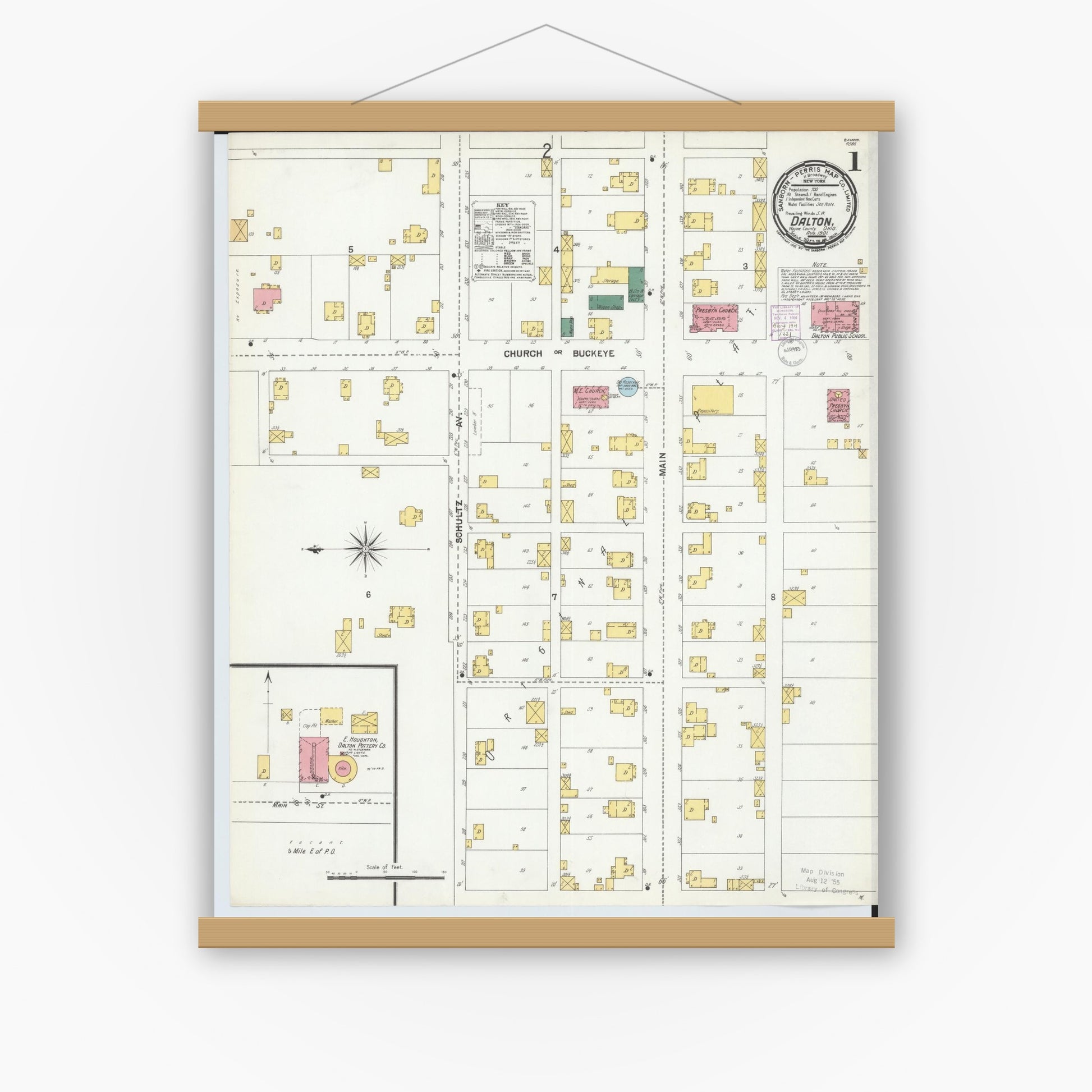 Old map wall art mockup — magnetic wood frame on white wall — Sanborn Fire Insurance Map from Dalton, Wayne County, Ohio (1901) - Complete Map Set