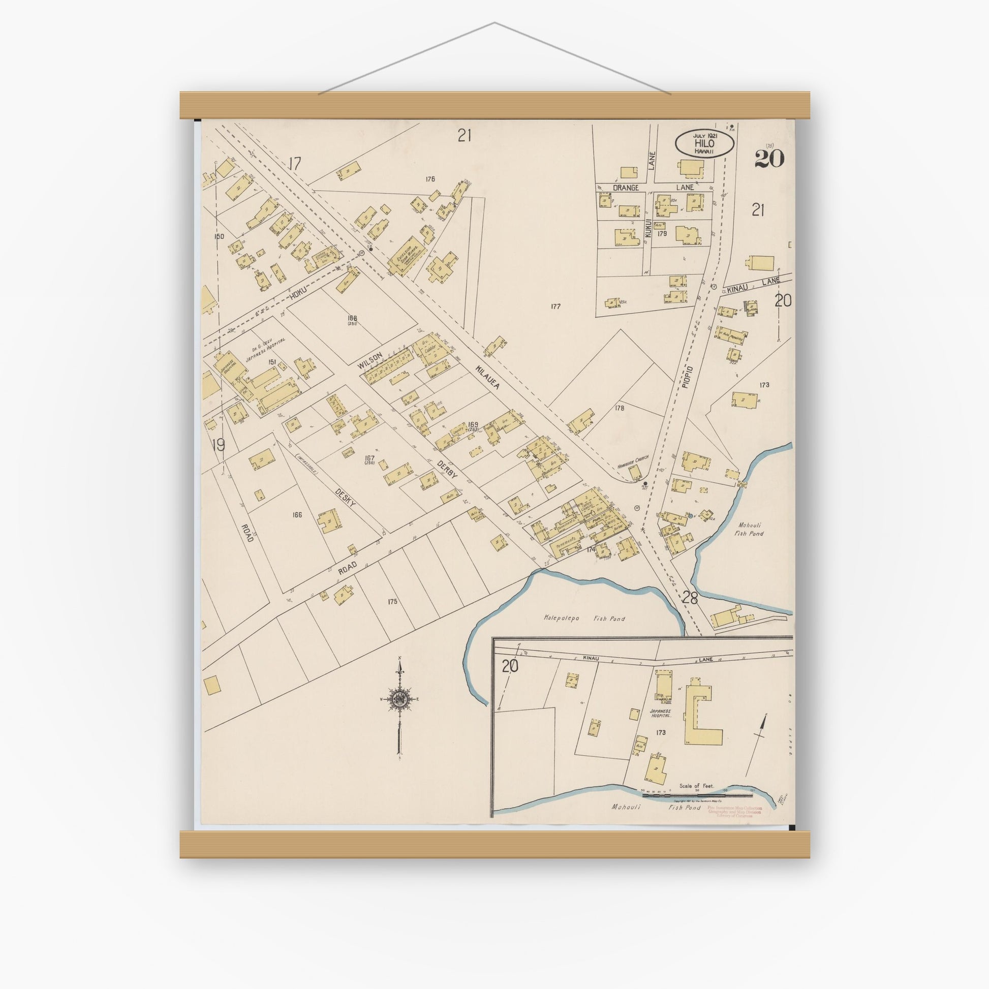 Old map wall art mockup — magnetic wood frame on white wall — Sanborn Fire Insurance Map from Hilo, Hawaii County, Hawaii (1921), Sheet #0020