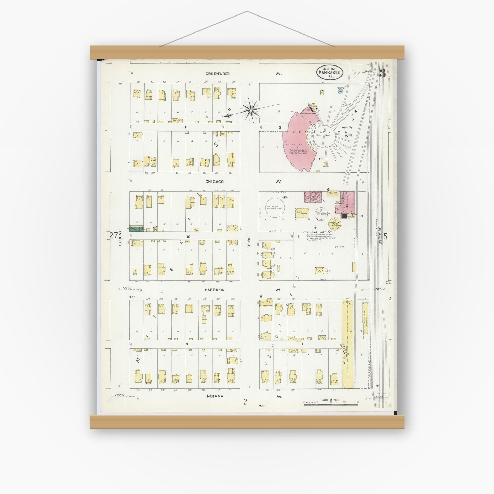 Old map wall art mockup — magnetic wood frame on white wall — Sanborn Fire Insurance Map from Kankakee, Kankakee County, Illinois (1907), Sheet #0003