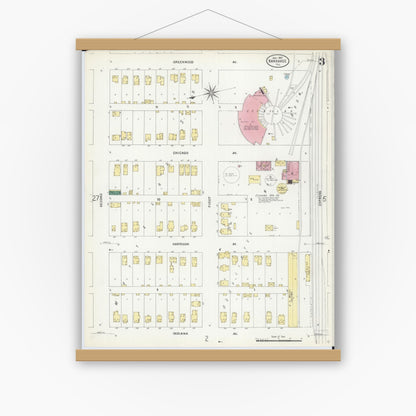Old map wall art mockup — magnetic wood frame on white wall — Sanborn Fire Insurance Map from Kankakee, Kankakee County, Illinois (1907), Sheet #0003