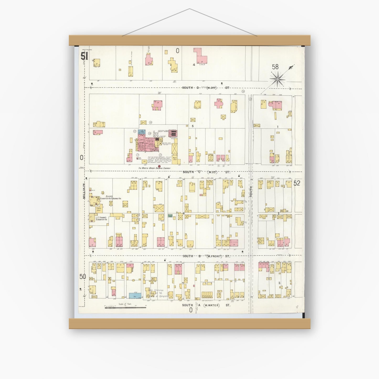 Old map wall art mockup — magnetic wood frame on white wall — Sanborn Fire Insurance Map from Hamilton, Butler County, Ohio (1899), Sheet #0051