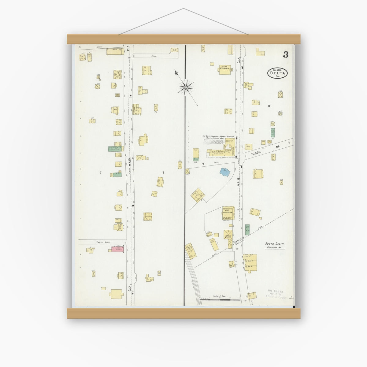 Old map wall art mockup — magnetic wood frame on white wall — Sanborn Fire Insurance Map from Delta, York County, Pennsylvania (1904), Sheet #0003