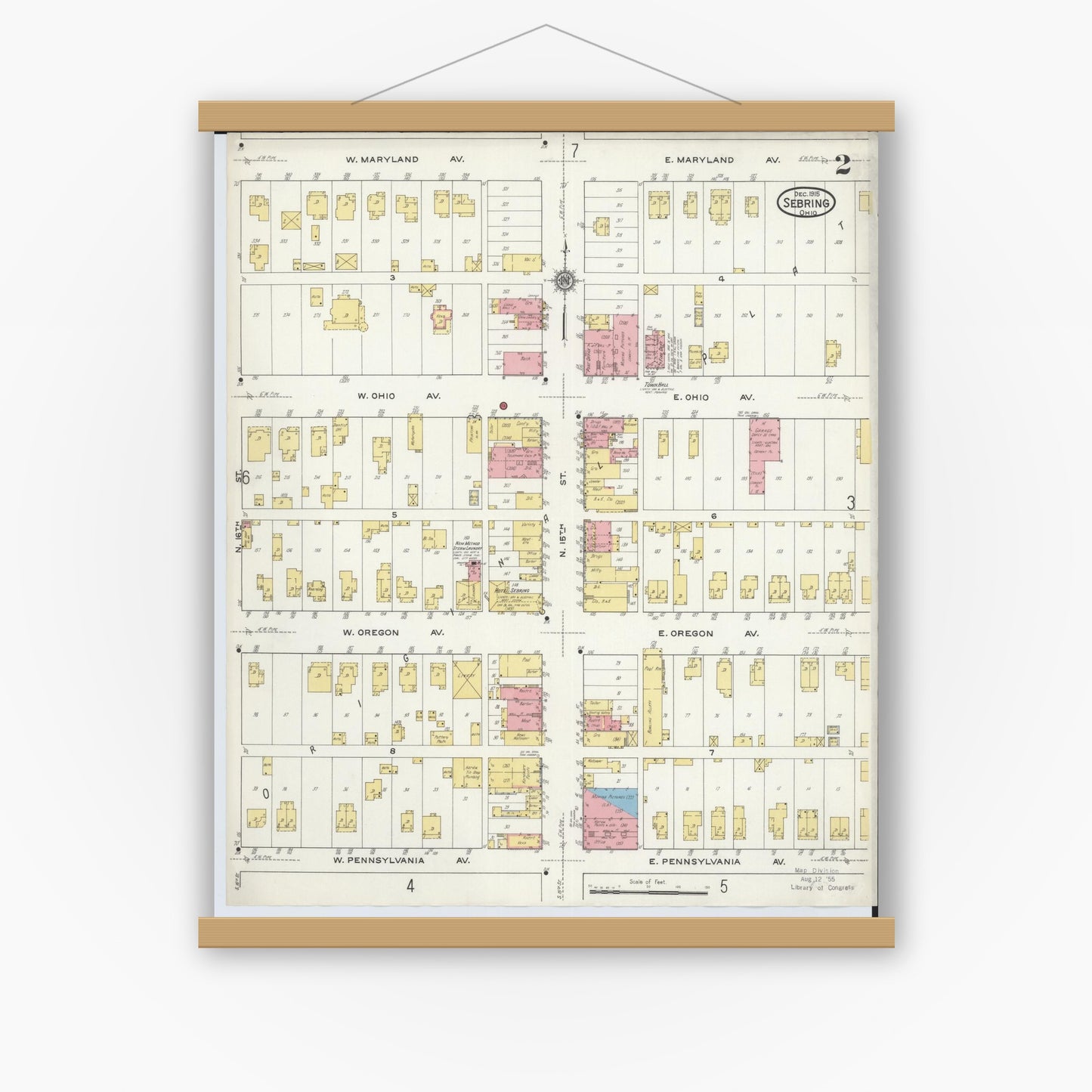 Old map wall art mockup — magnetic wood frame on white wall — Sanborn Fire Insurance Map from Sebring, Mahoning County, Ohio (1915), Sheet #0002