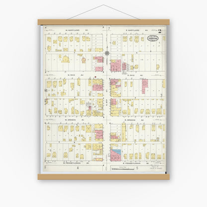 Old map wall art mockup — magnetic wood frame on white wall — Sanborn Fire Insurance Map from Sebring, Mahoning County, Ohio (1915), Sheet #0002