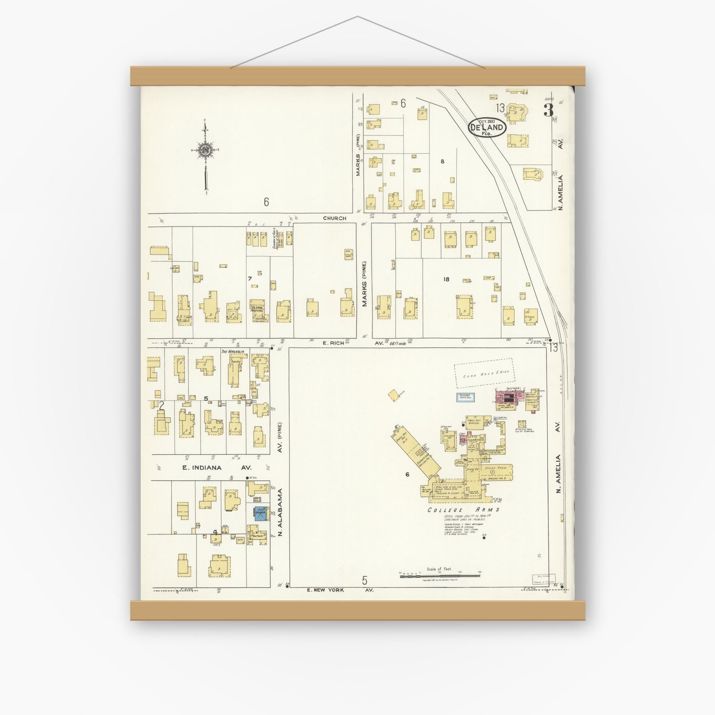 Old map wall art mockup — magnetic wood frame on white wall — Sanborn Fire Insurance Map from De Land, Volusia County, Florida (1921), Sheet #0003