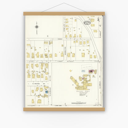 Old map wall art mockup — magnetic wood frame on white wall — Sanborn Fire Insurance Map from De Land, Volusia County, Florida (1921), Sheet #0003