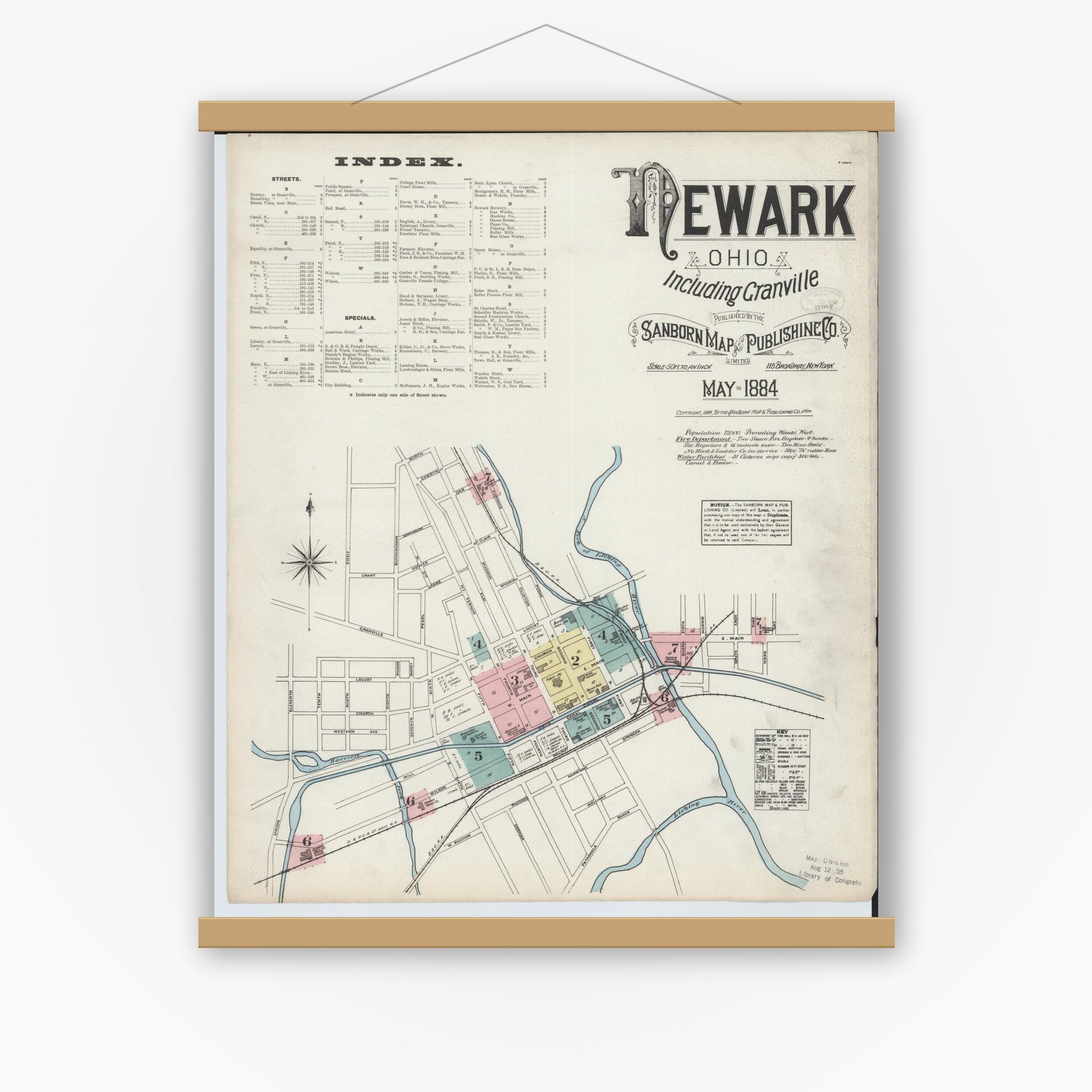 Old map wall art mockup — magnetic wood frame on white wall — Sanborn Fire Insurance Map from Newark, Licking County, Ohio (1884), Sheet #0001