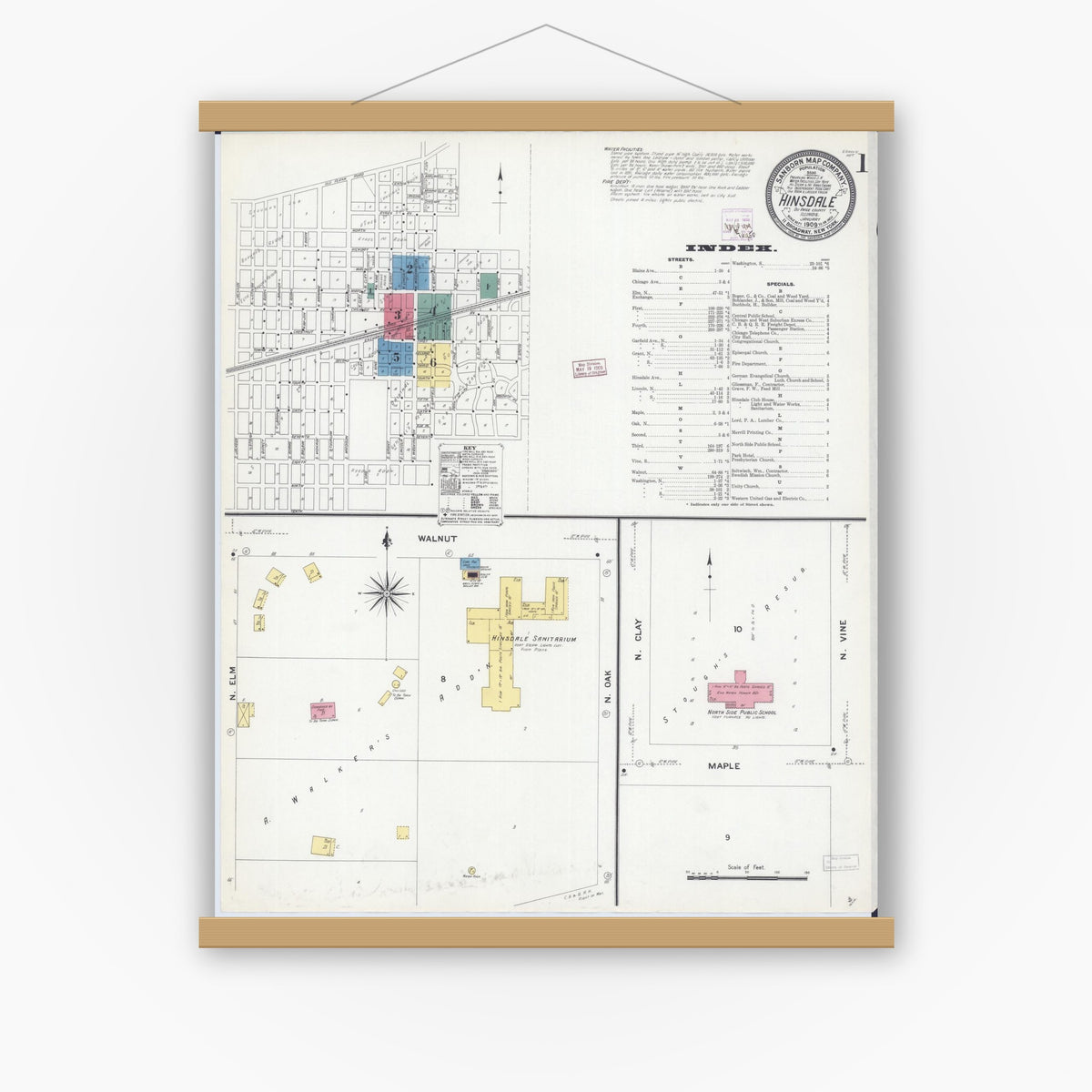 Old map wall art mockup — magnetic wood frame on white wall — Sanborn Fire Insurance Map from Hinsdale, Du Page And Cook Counties, Illinois (1909) - Complete Map Set