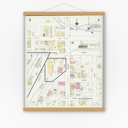 Old map wall art mockup — magnetic wood frame on white wall — Sanborn Fire Insurance Map from Pelican Rapids, Otter Tail County, Minnesota (1924), Sheet #0002