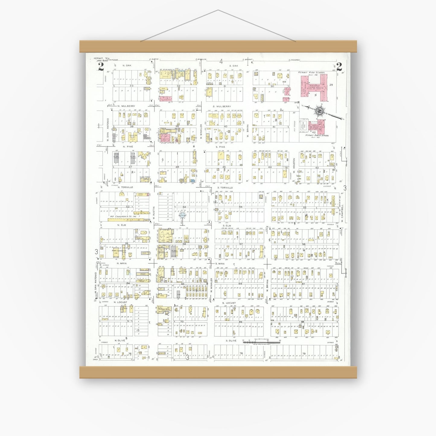 Old map wall art mockup — magnetic wood frame on white wall — Sanborn Fire Insurance Map from Kermit, Winkler County, Texas (1946), Sheet #0002