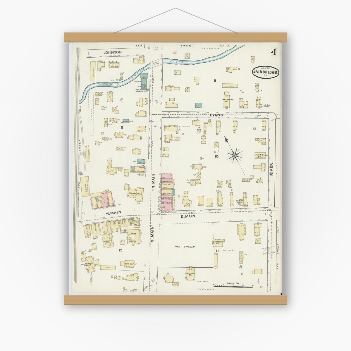 Old map wall art mockup — magnetic wood frame on white wall — Sanborn Fire Insurance Map from Bainbridge, Chenango County, New York (1891), Sheet #0004