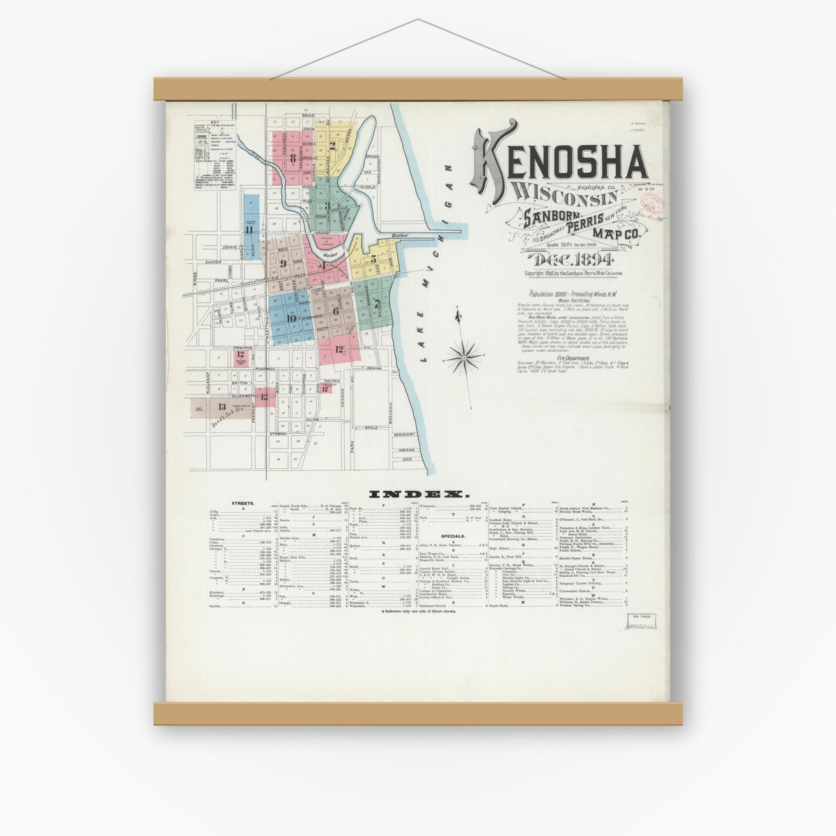 Old map wall art mockup — magnetic wood frame on white wall — Sanborn Fire Insurance Map from Kenosha, Kenosha County, Wisconsin (1894) - Complete Map Set