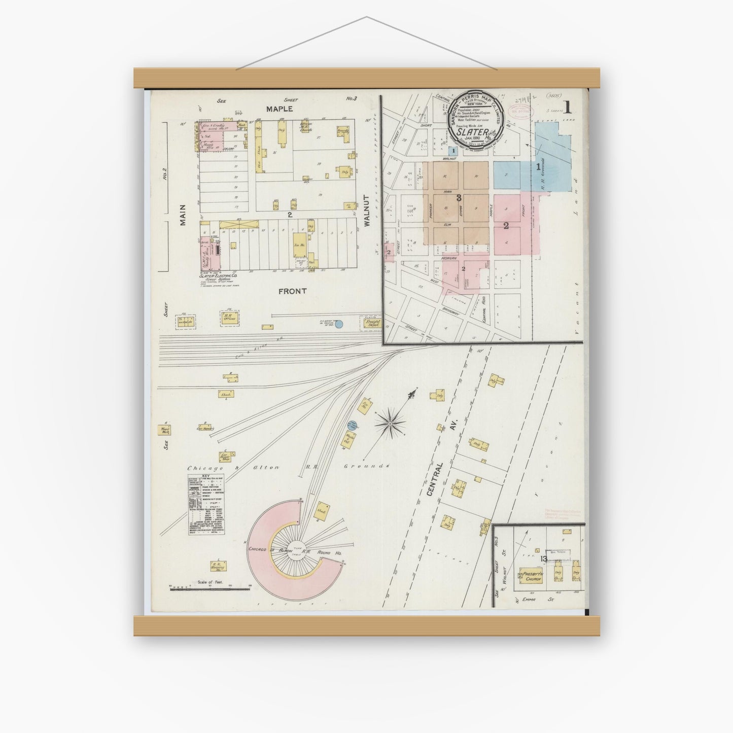 Old map wall art mockup — magnetic wood frame on white wall — Sanborn Fire Insurance Map from Slater, Saline County, Missouri (1890) - Complete Map Set