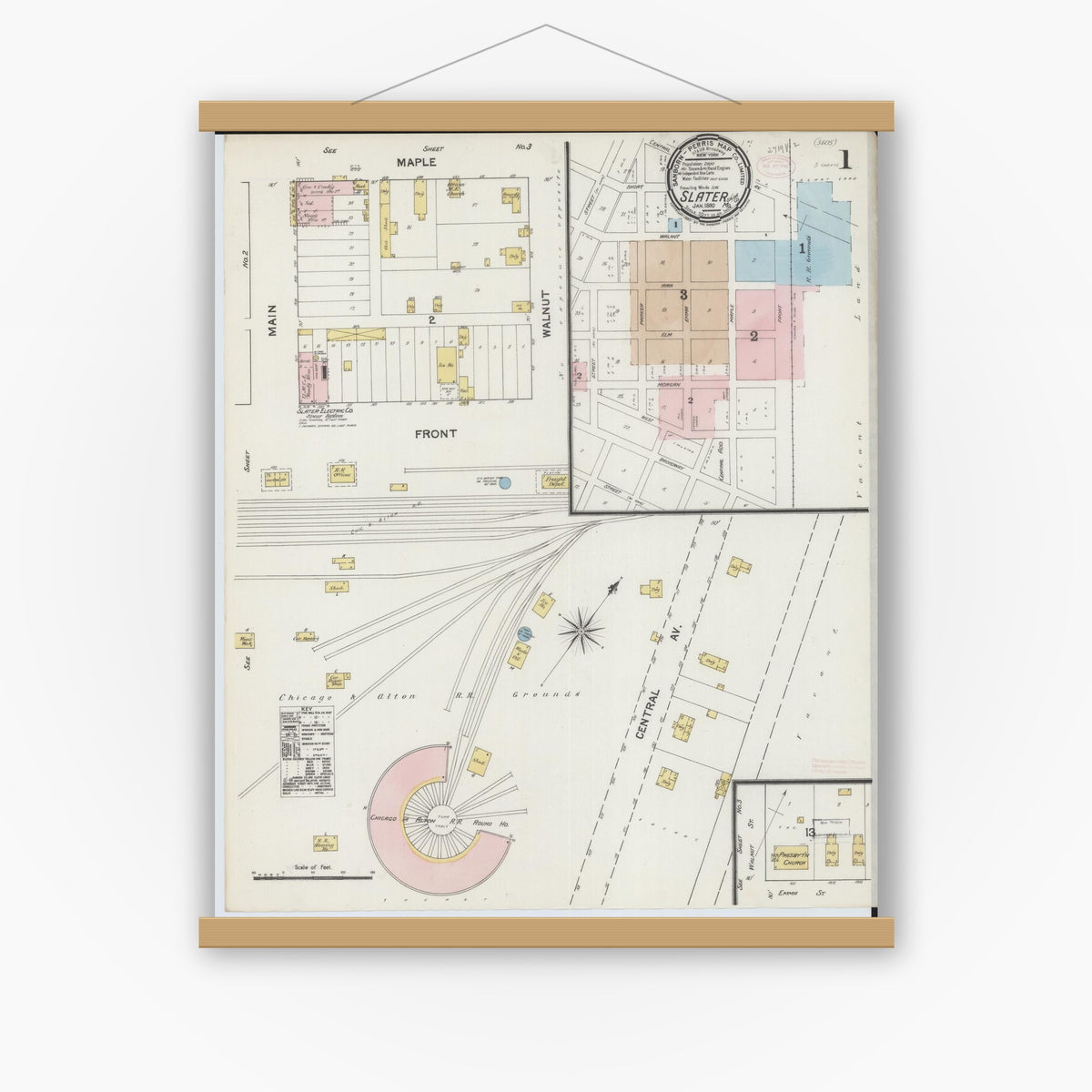 Old map wall art mockup — magnetic wood frame on white wall — Sanborn Fire Insurance Map from Slater, Saline County, Missouri (1890) - Complete Map Set