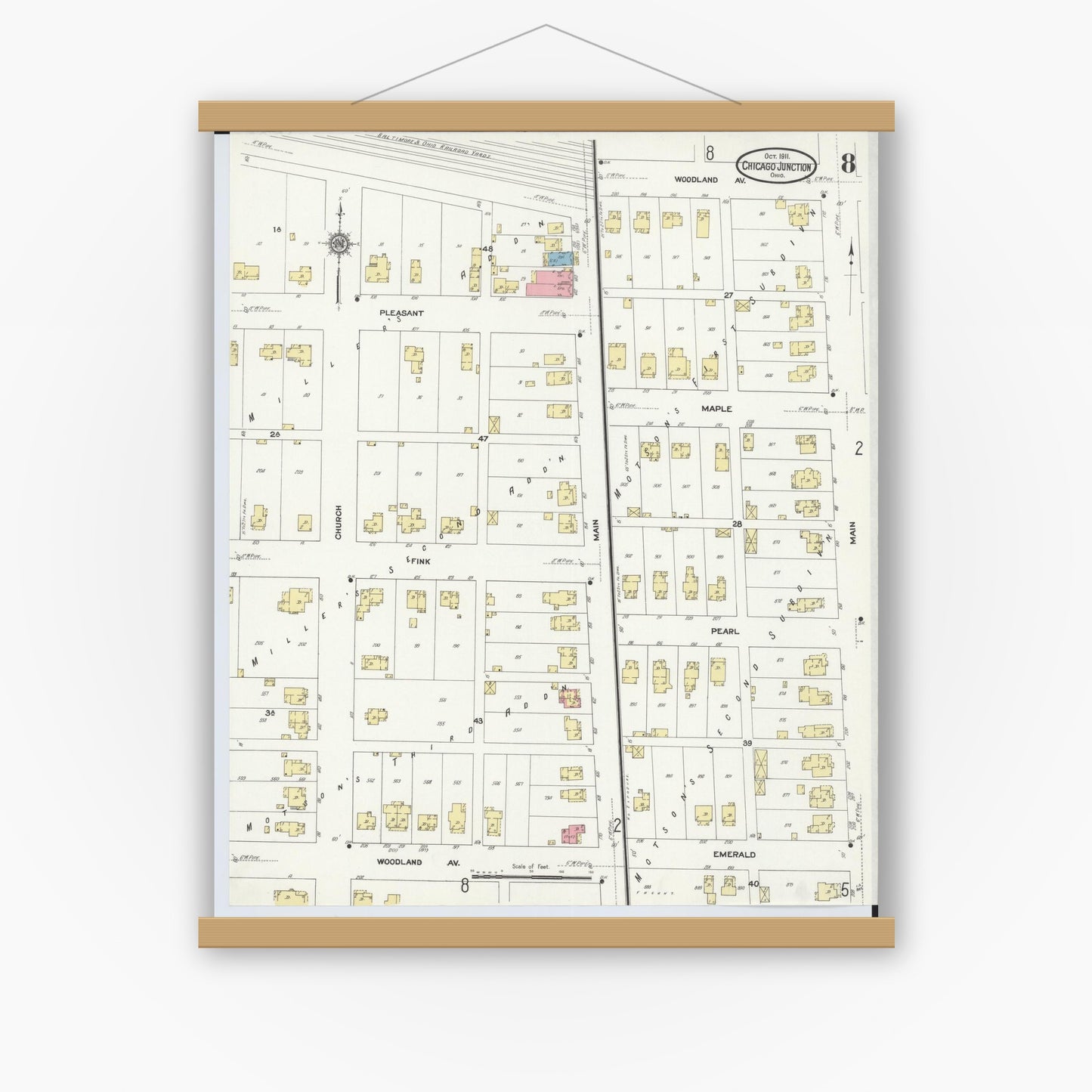 Old map wall art mockup — magnetic wood frame on white wall — Sanborn Fire Insurance Map from Chicago Junction, Huron County, Ohio (1911), Sheet #0008