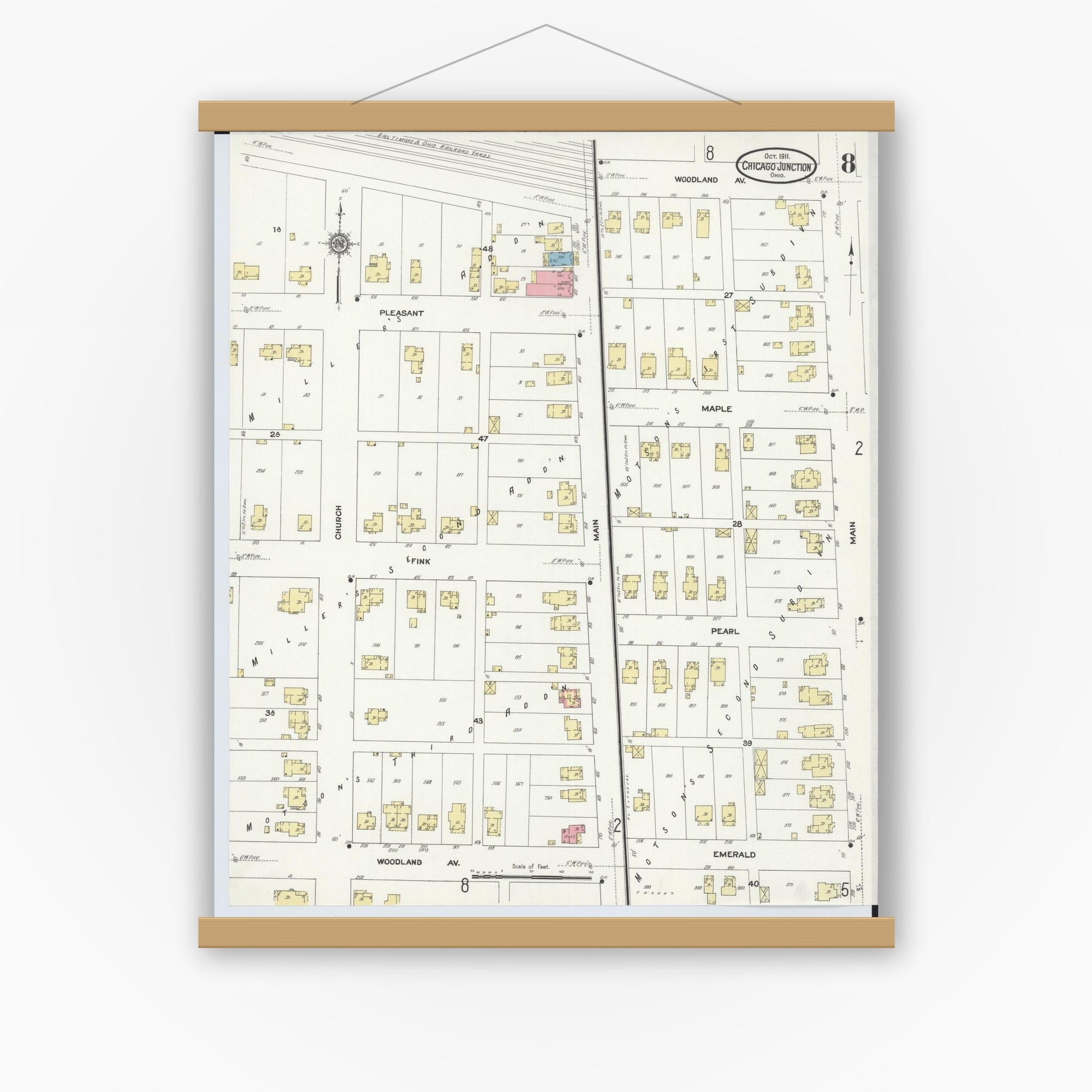 Old map wall art mockup — magnetic wood frame on white wall — Sanborn Fire Insurance Map from Chicago Junction, Huron County, Ohio (1911), Sheet #0008