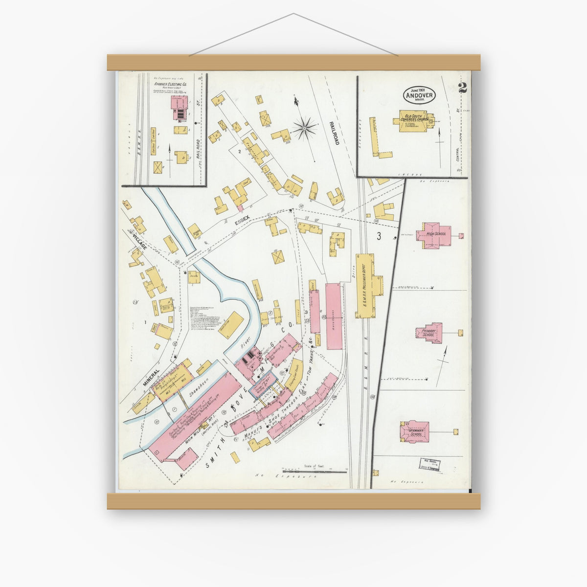 Old map wall art mockup — magnetic wood frame on white wall — Sanborn Fire Insurance Map from Andover, Essex County, Massachusetts (1901), Sheet #0002